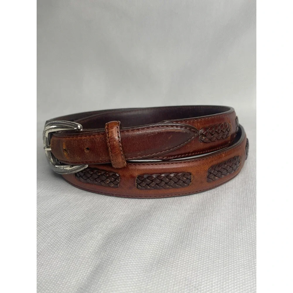 Vintage Brighton Woven Leather Belt Size 42 Western Brown Silver Tooled Buckle